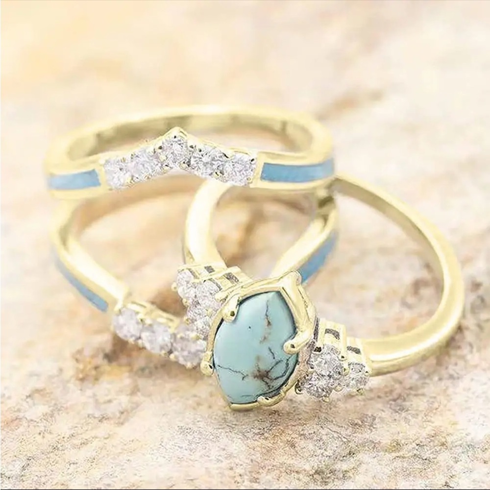 New Women’s Yellow Gold Plated 3pcs/set Multilayer Turquoise Ring - Picture 4 of 6